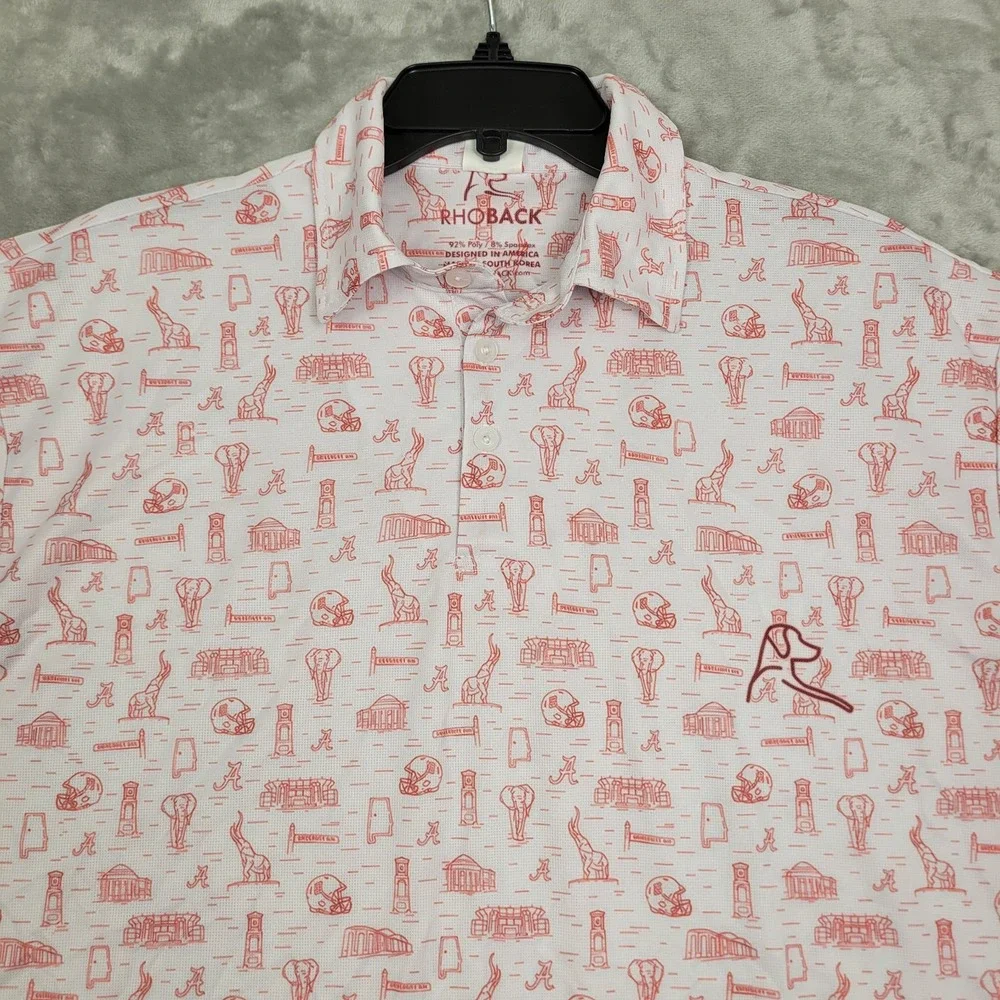 Rhoback Polo Shirt Mens 2XL White Red Sports Print Golf Performance Casual
